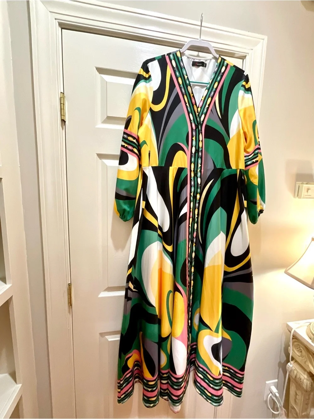 V-Neck Abstract Print Maxi Dress in Green, Yellow, Black & White